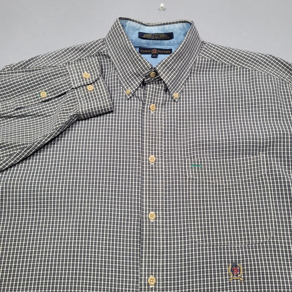 Tommy Hilfiger Mens Large Long Sleeve Button Down Shirt Blue White Gingham Plaid
